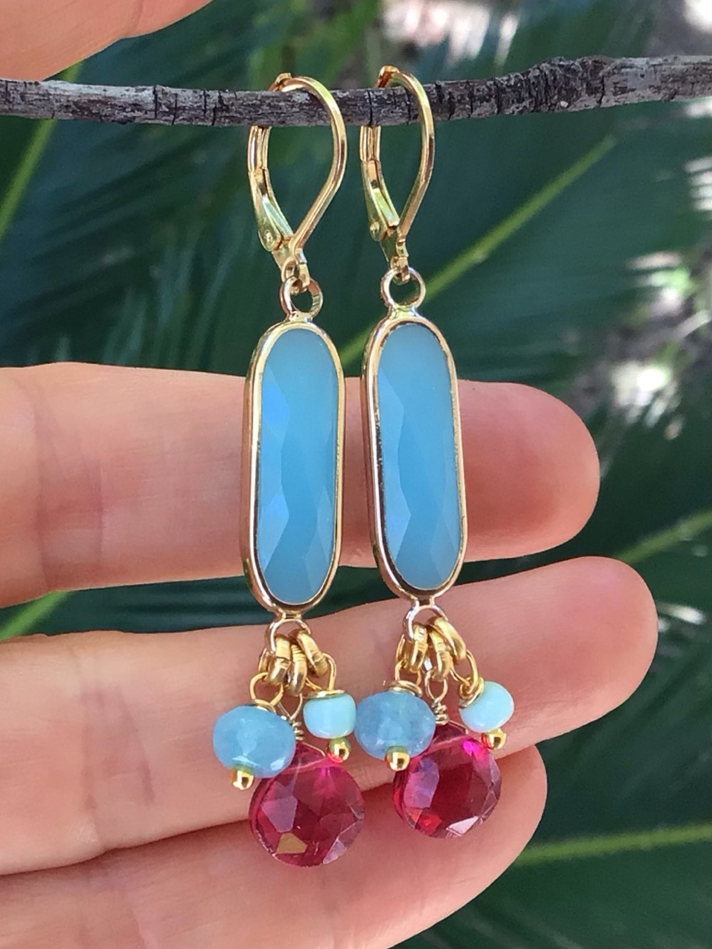 Blue Quartz bezel Aquamarine Amazonite Tourmaline gold plated Earring